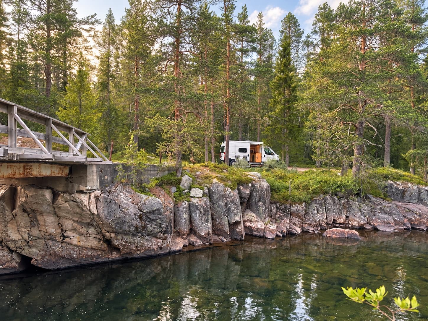 Campervan mit offener Schiebetür im Kiefernwald an Felsen und klarem Wasser